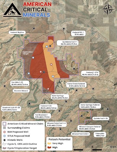 American Critical Minerals potash intersections and exploration target map